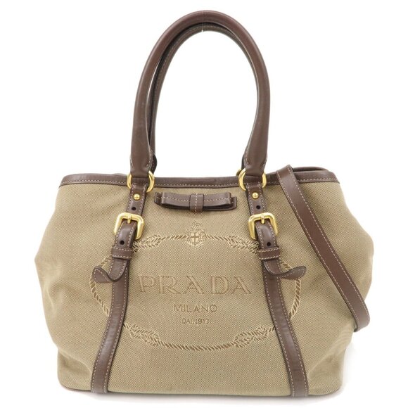 Authentic PRADA Logo Jacquard Leather 2Way Bag Hand Bag Beige - Picture 1 of 16